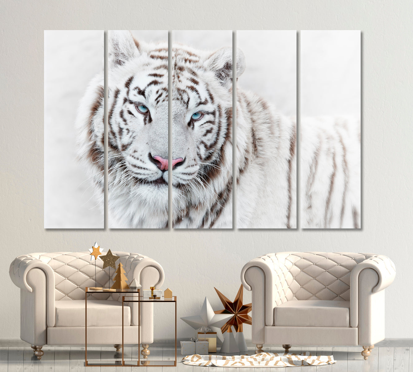 Beautiful Mighty White Tiger Animals Canvas Print Artesty 5 panels 36" x 24" 
