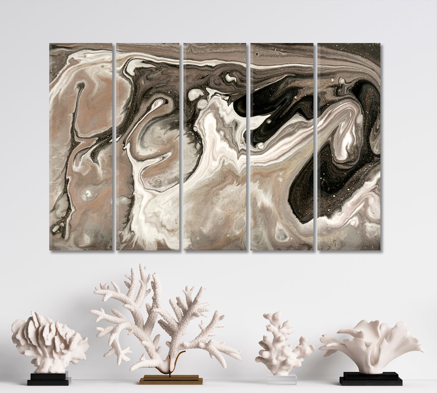 Brown Pearlescent Сream Gold Fluid Art, Oriental Marbling Canvas Print Artesty 5 panels 36" x 24" 