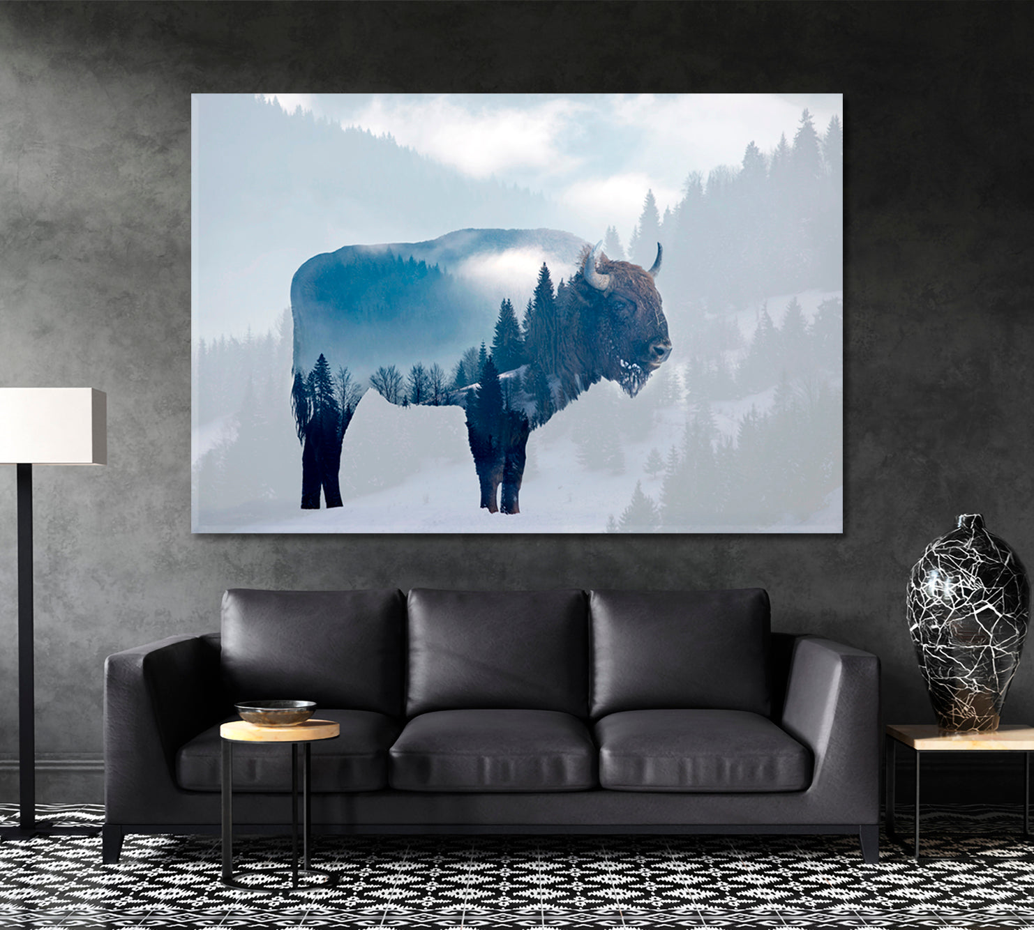 DOUBLE EXPOSURE Wild Bison Buffalo Foggy Pine Forest Wild Life Framed Art Artesty   