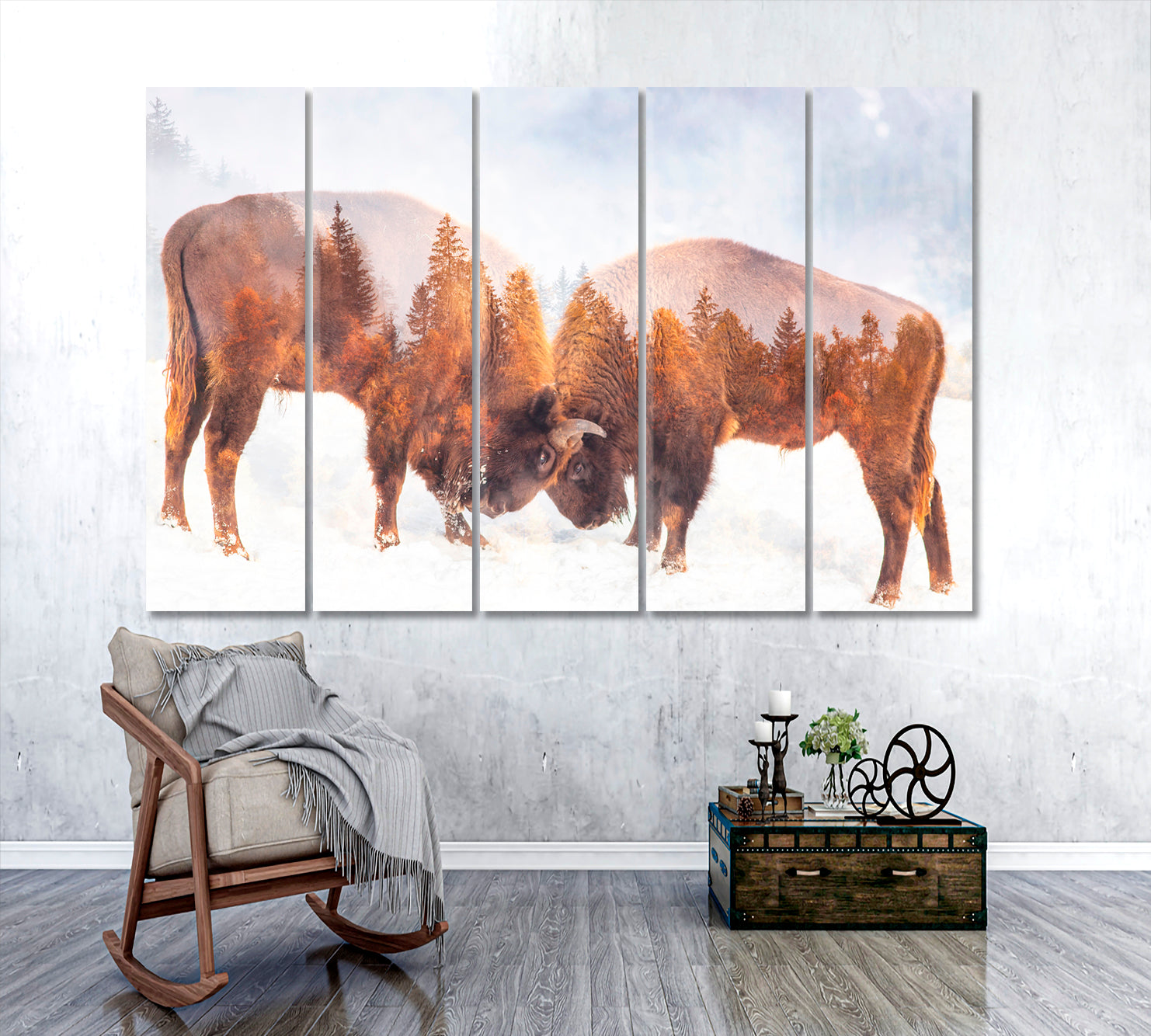 Double Exposure Two Wild Bison Fighting And Pine Trees Wild Life Framed Art Artesty 5 panels 36" x 24" 