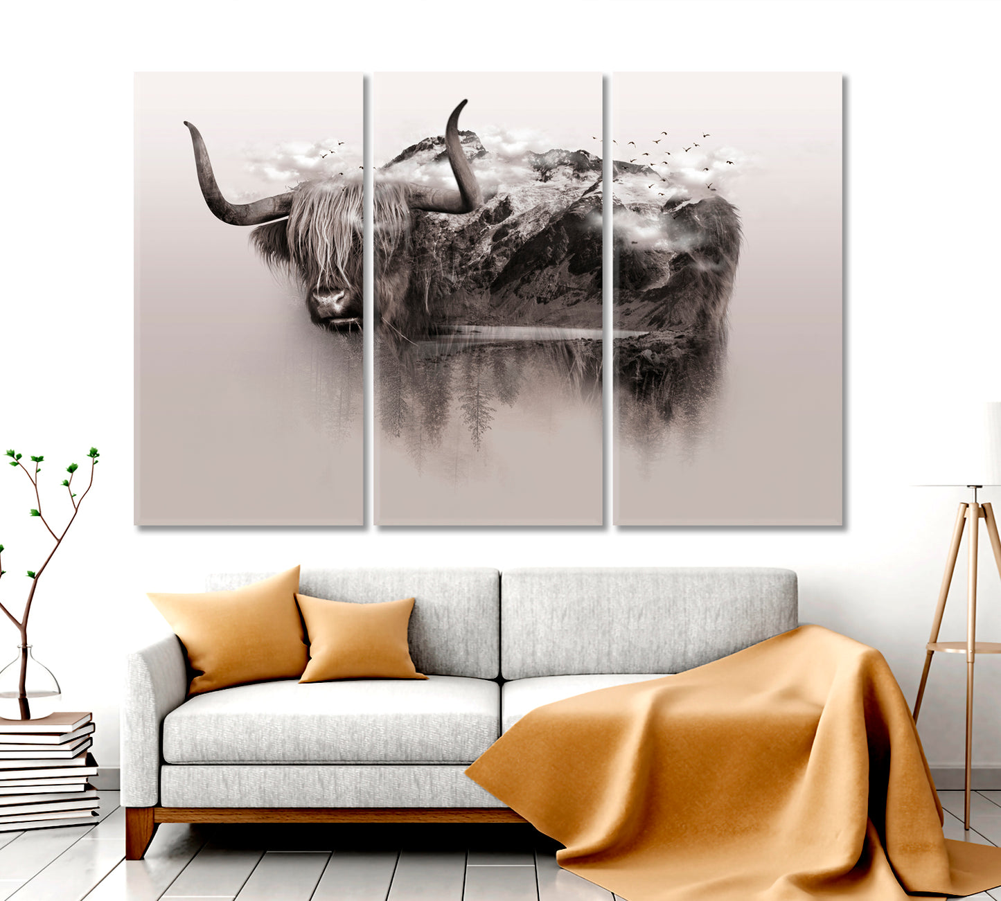 Bull Yak Wildlife Art Double Exposure Trees Mountain Surrounded By Fog Wild Life Framed Art Artesty   