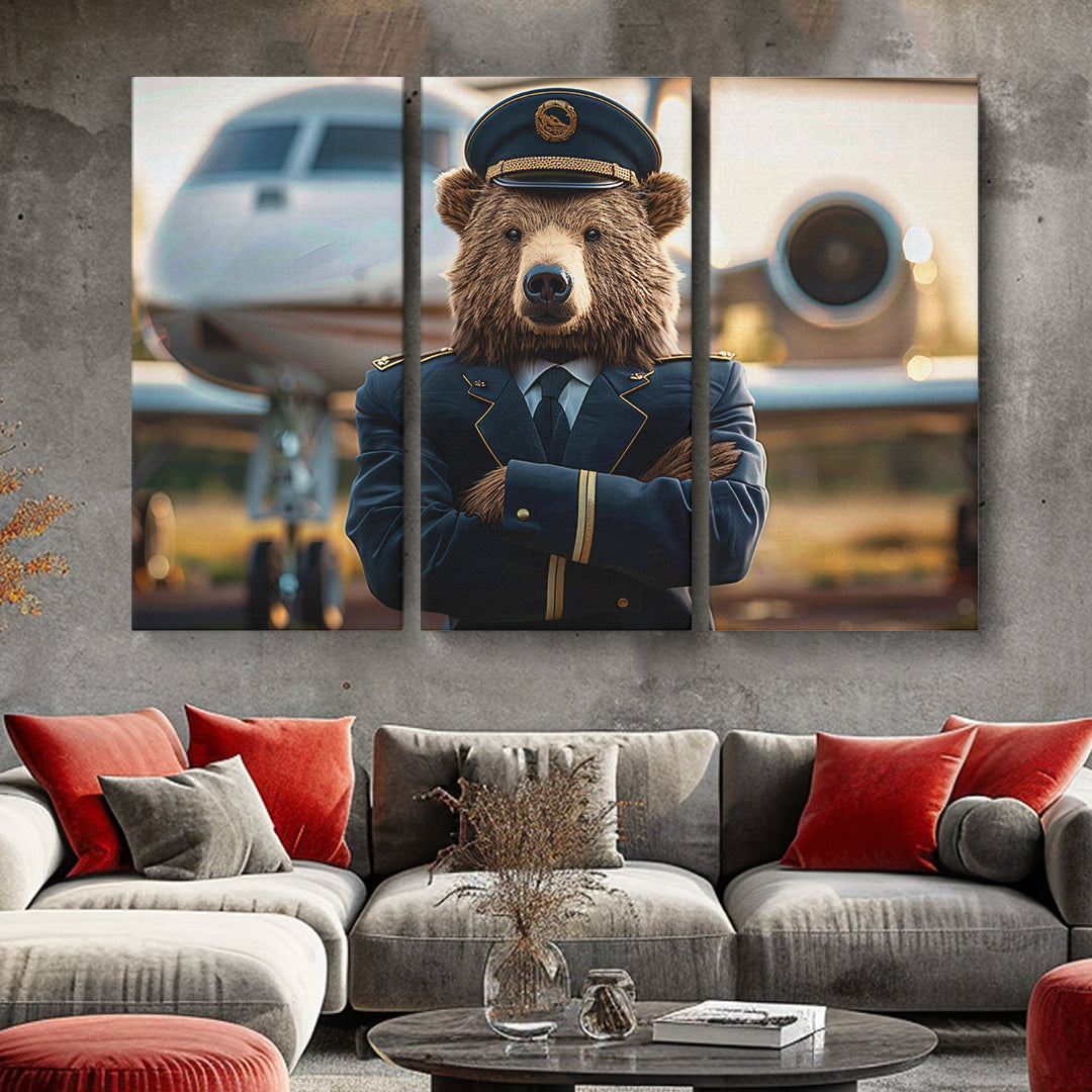 Bear Airline Pilot Animals Canvas Print Artesty 3 panels 36" x 24"
