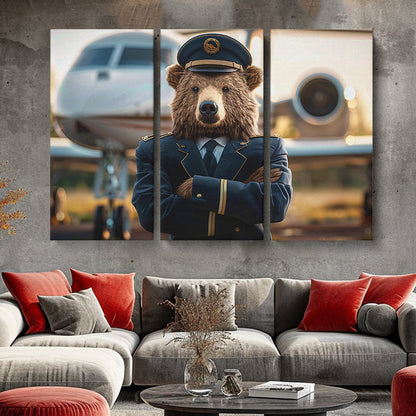 Bear Airline Pilot Animals Canvas Print Artesty 3 panels 36" x 24"