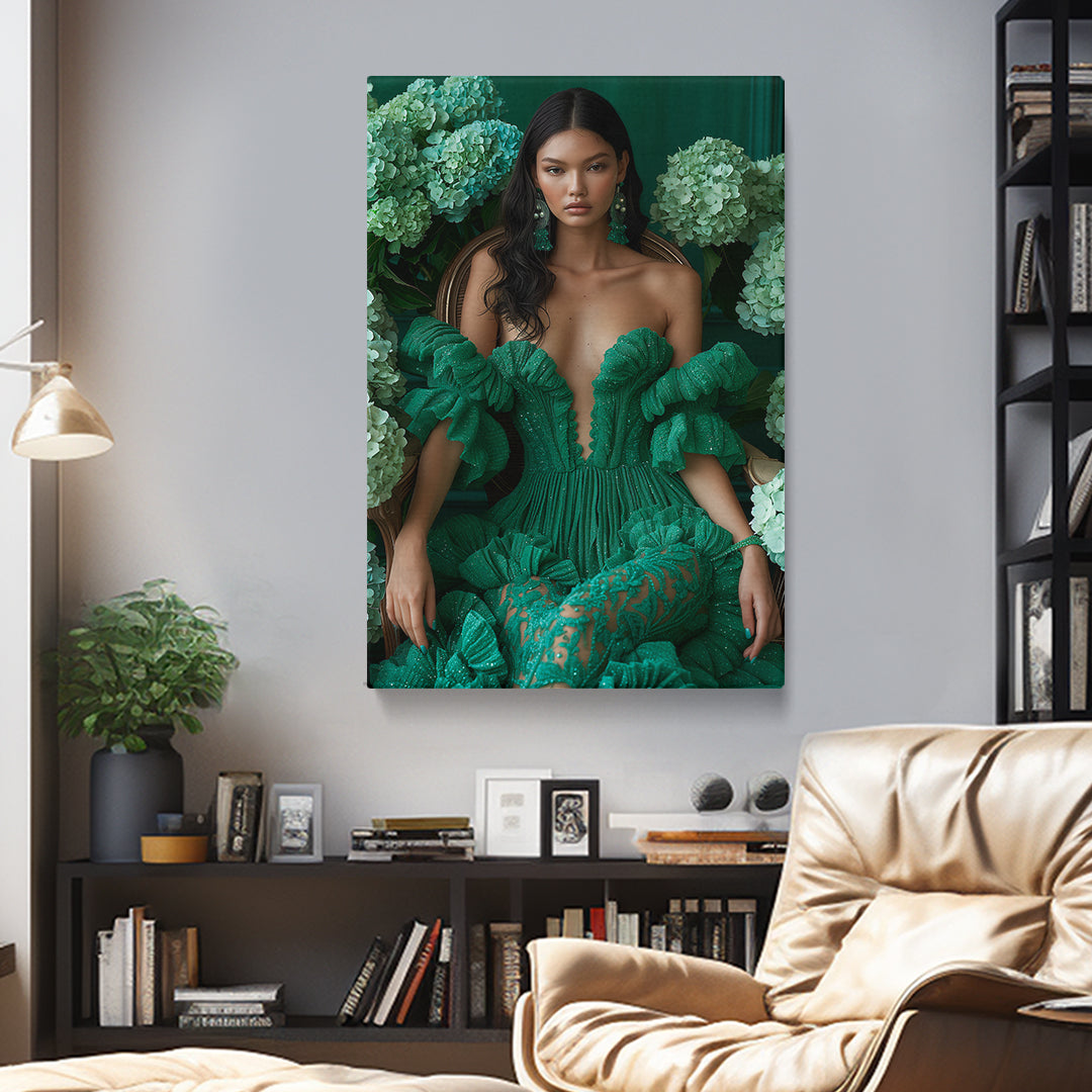 Floral Portrait Beautiful Woman in Green Dress Canvas Prints Artesty