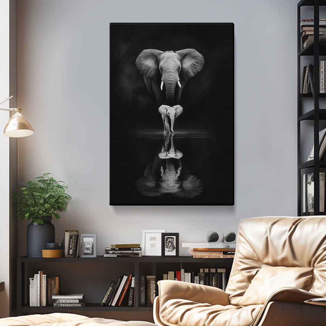 Elephant and Calf Black and White Reflection Canvas Prints Artesty