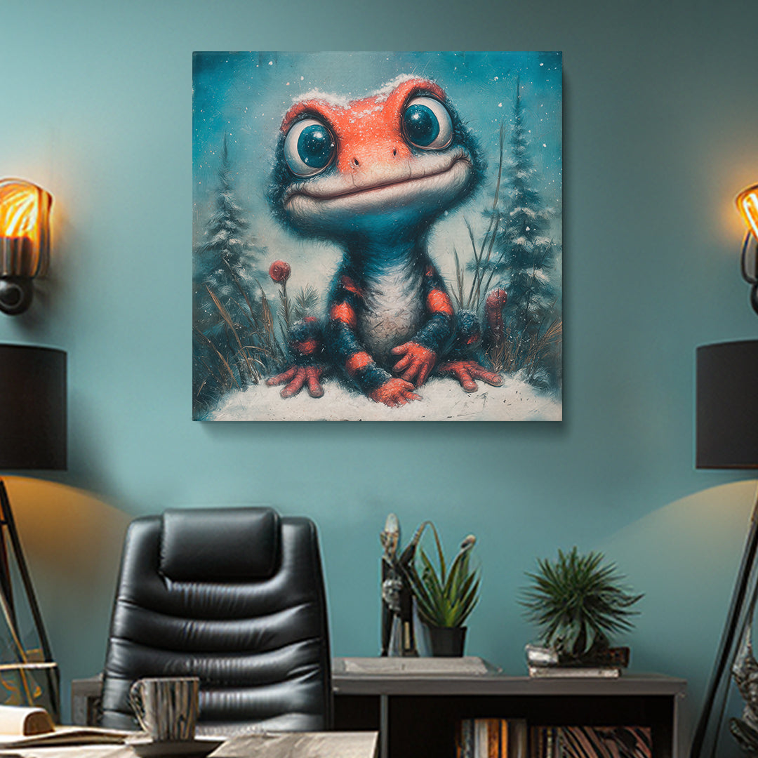 Whimsical Lizard in Snow Contemporary Art Artesty 1 Panel 12"x12"