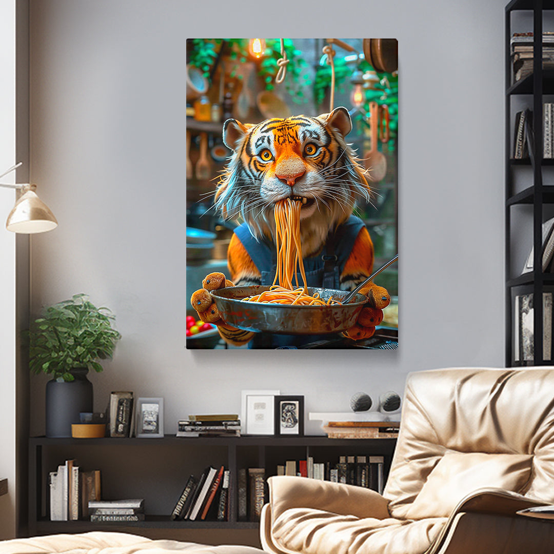 Funny Tiger Chef Eating Spaghetti Canvas Prints Artesty