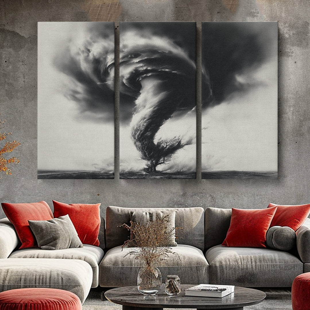Black and White Tornado with Tree Animals Canvas Print Artesty