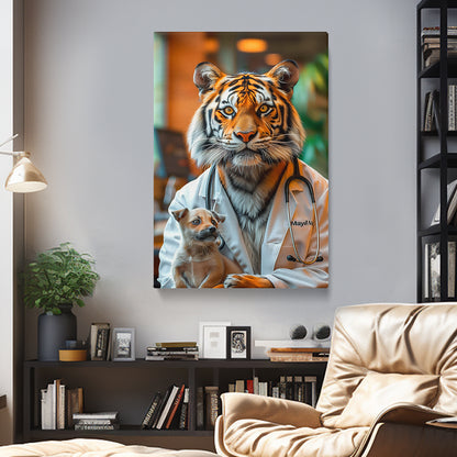 Tiger Veterinarian with Puppy Canvas Prints Artesty 1 Panel 16"x24"