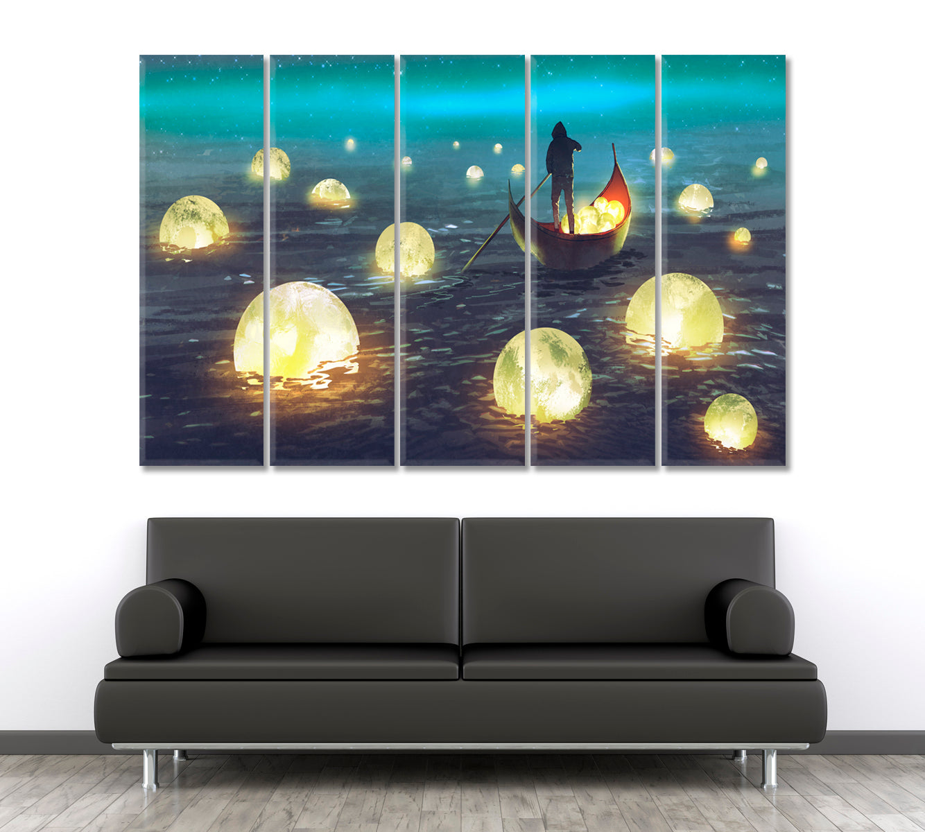 SURREAL Night Scenery Man Rowing Boat Glowing Moons Floating Sea Surreal Fantasy Large Art Print Décor Artesty 5 panels 36" x 24" 