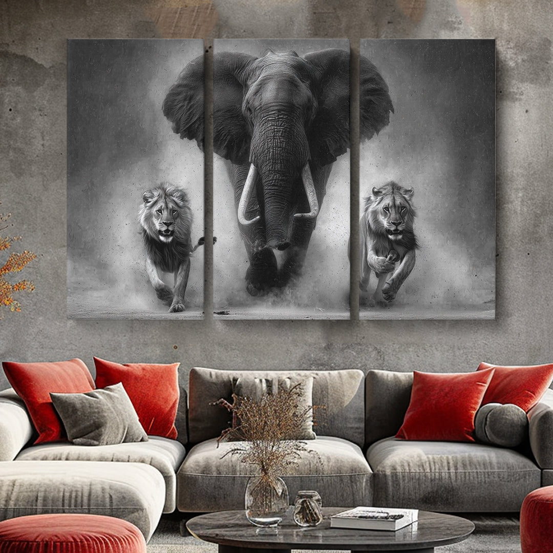 Black and White Elephant and Lions Animals Canvas Print Artesty 3 panels 36" x 24"