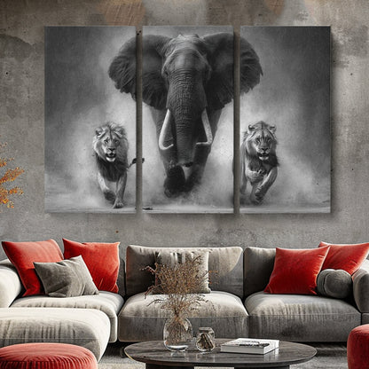 Black and White Elephant and Lions Animals Canvas Print Artesty 3 panels 36" x 24"