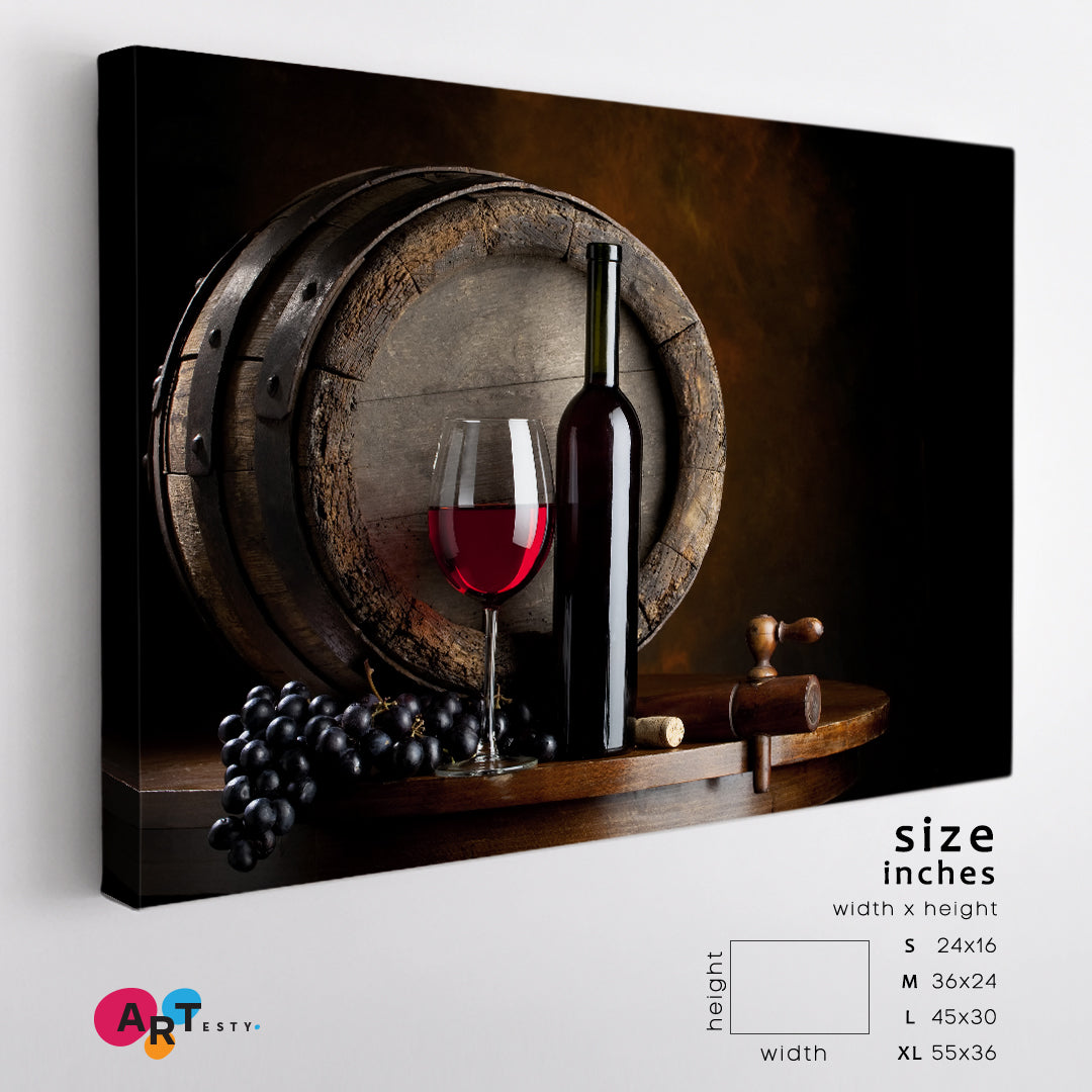 STILL-LIFE Old Vintage Barrel Red Wine Bottle Restaurant Modern Wall Art Artesty 1 panel 24" x 16" 