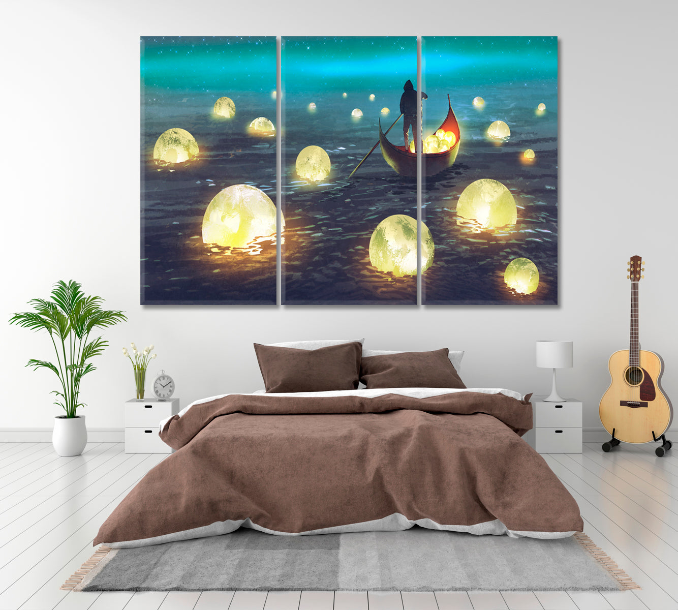 SURREAL Night Scenery Man Rowing Boat Glowing Moons Floating Sea Surreal Fantasy Large Art Print Décor Artesty   