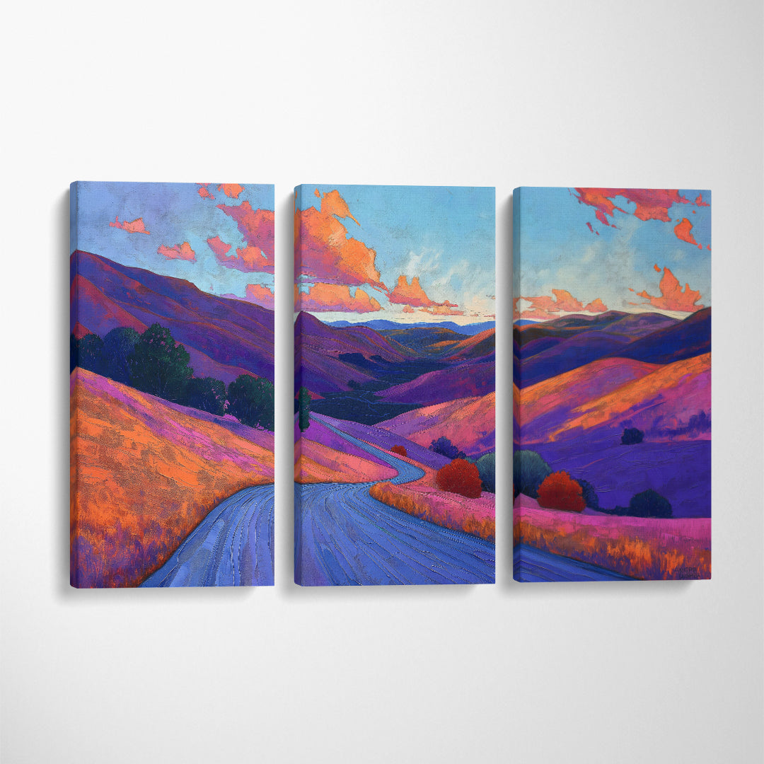 Colorful Winding Road Through Hills Animals Canvas Print Artesty 3 panels 36" x 24"