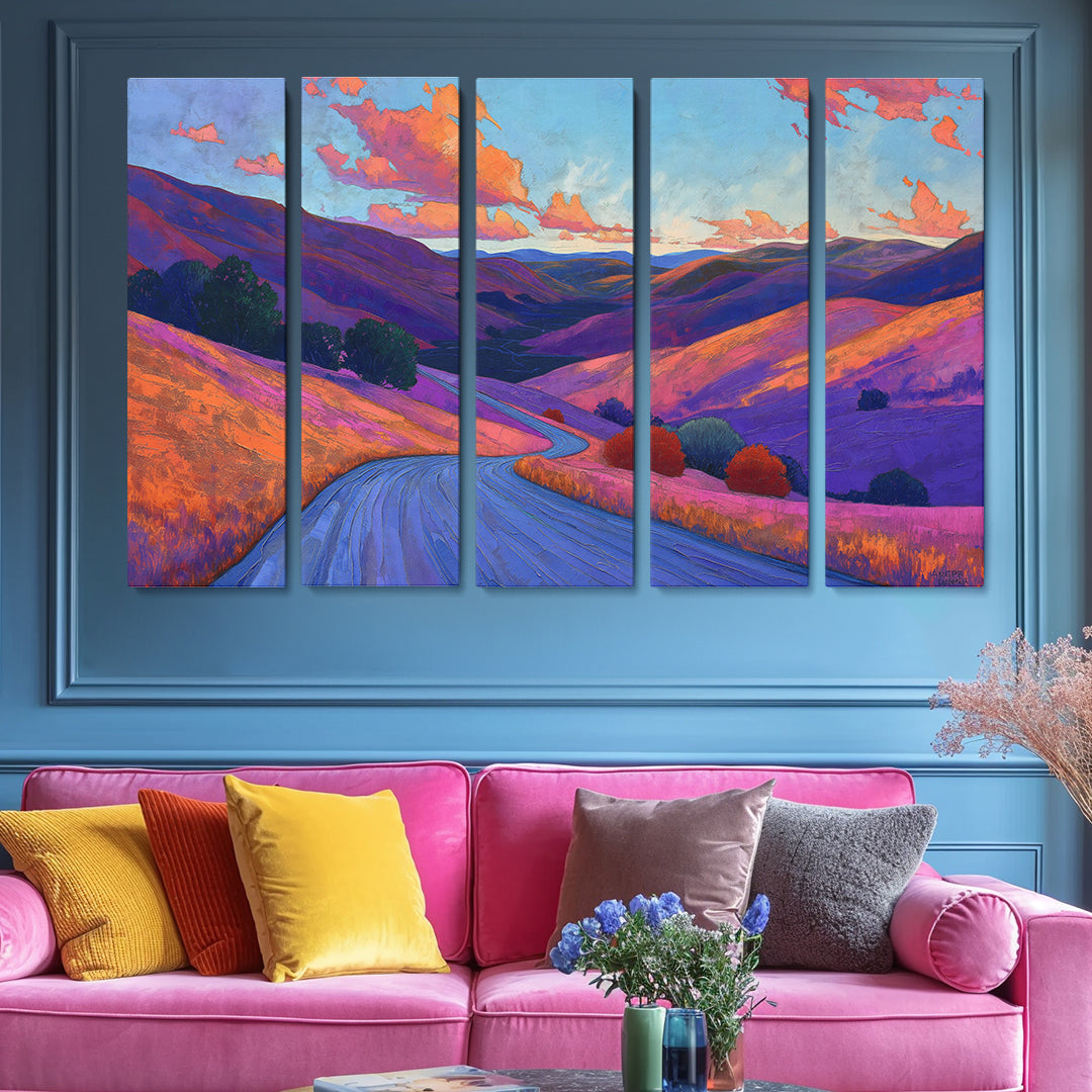 Colorful Winding Road Through Hills Animals Canvas Print Artesty