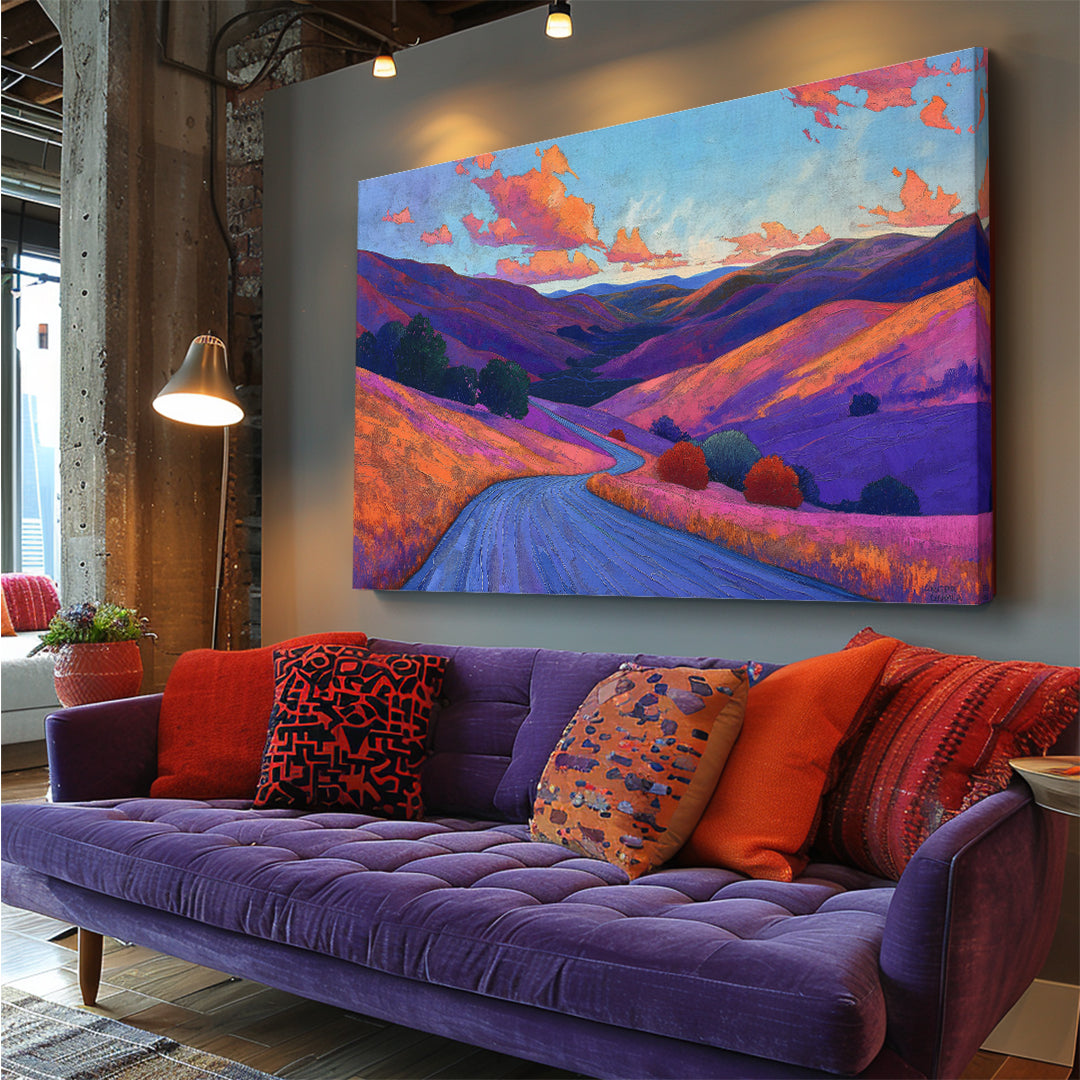 Colorful Winding Road Through Hills Animals Canvas Print Artesty