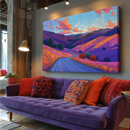 Colorful Winding Road Through Hills Animals Canvas Print Artesty