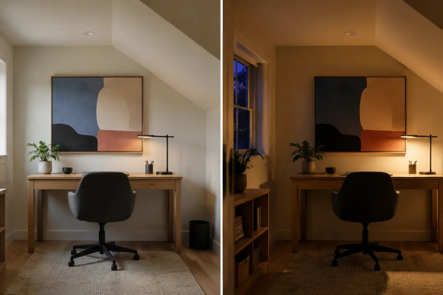 Same attic workspace checking canvas readability and ceiling clearance in daylight and warm evening light
