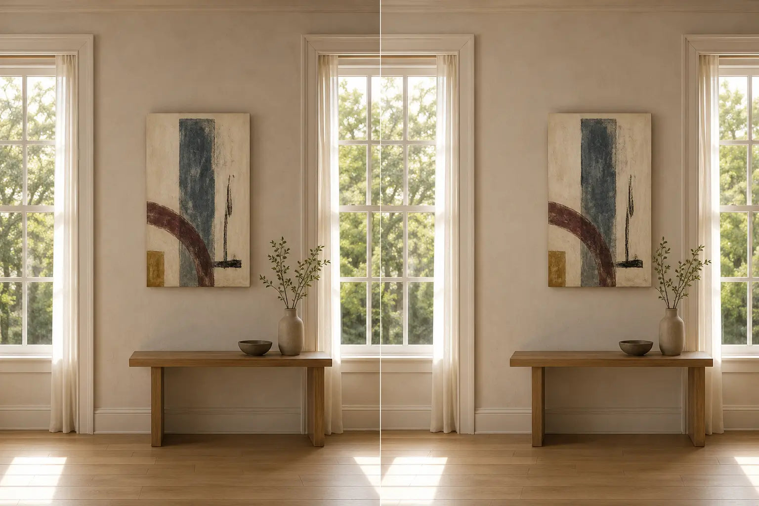 Controlled diptych of the same canvas centered first on the wall pier and then on the modestly offset console below