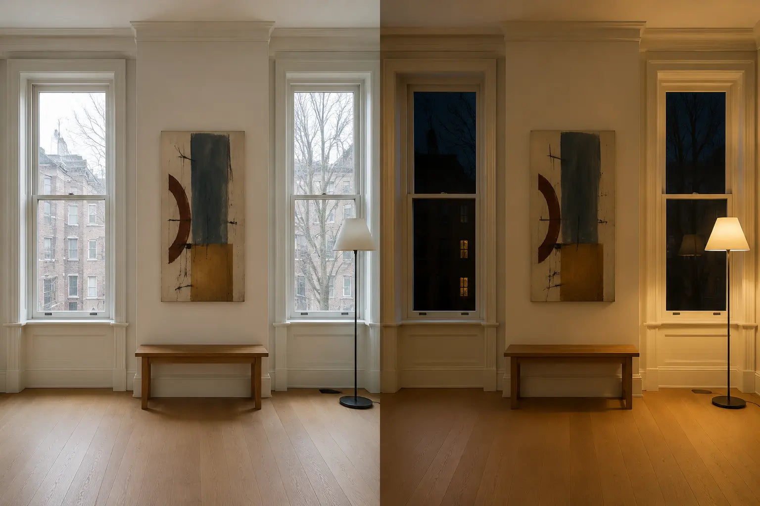 Controlled diptych of the same canvas between two windows in diffuse daytime and ordinary warm evening illumination