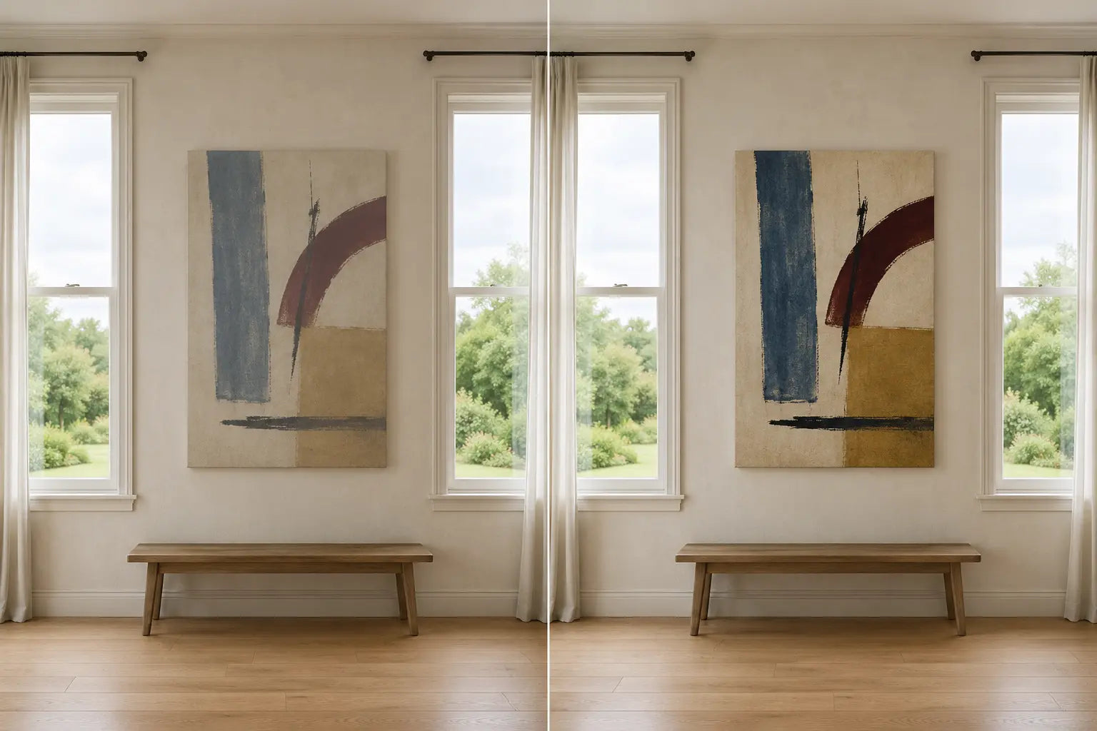 Controlled diptych of the same canvas and window view while only the artwork’s tonal contrast changes