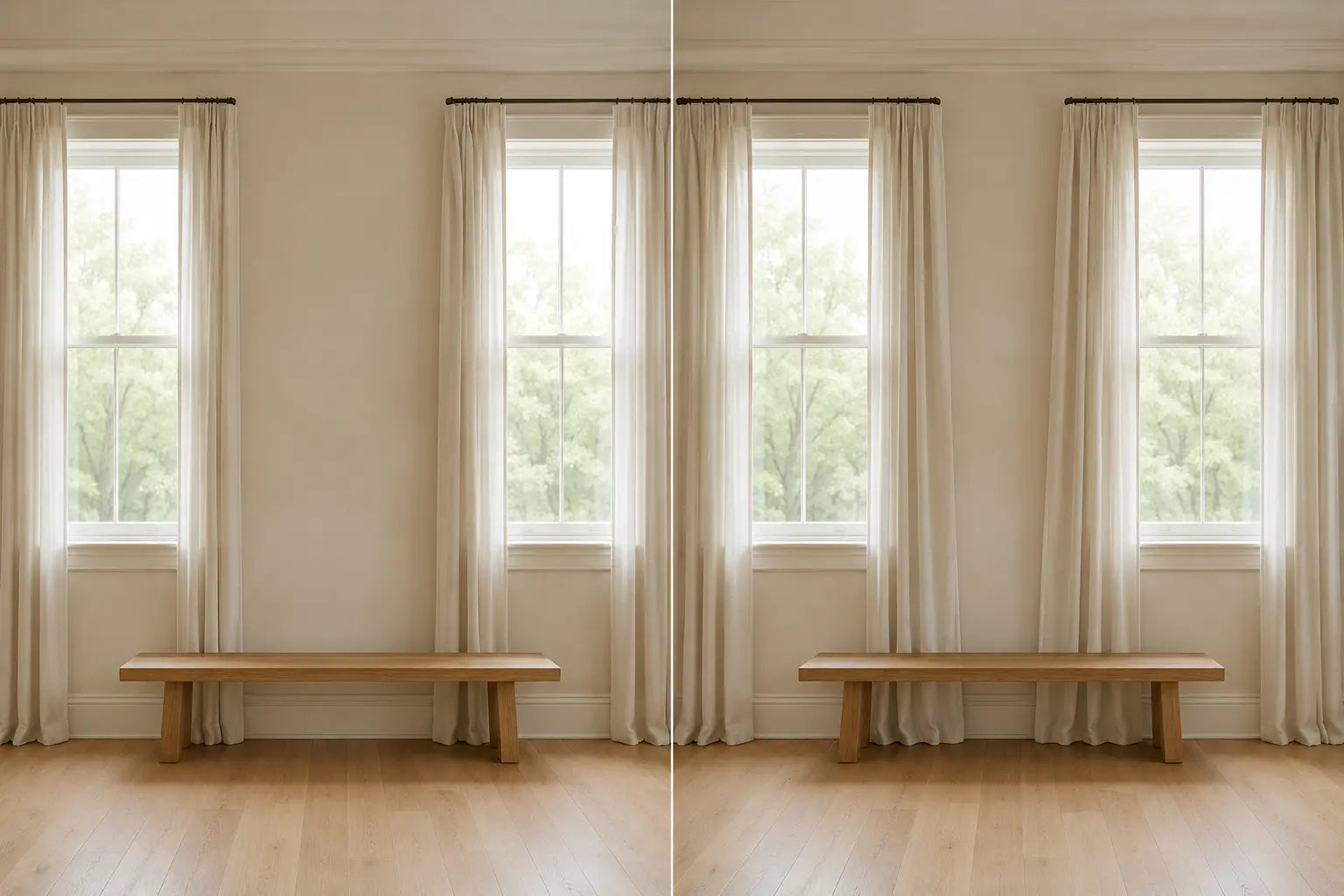 Controlled diptych of the same empty wall pier between two windows with inner curtains gathered away and then extended toward the pier
