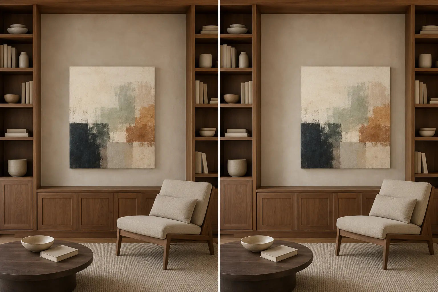 Controlled comparison of the same built-in wall with the canvas centered to the open wall bay and shifted toward the adjacent chair grouping