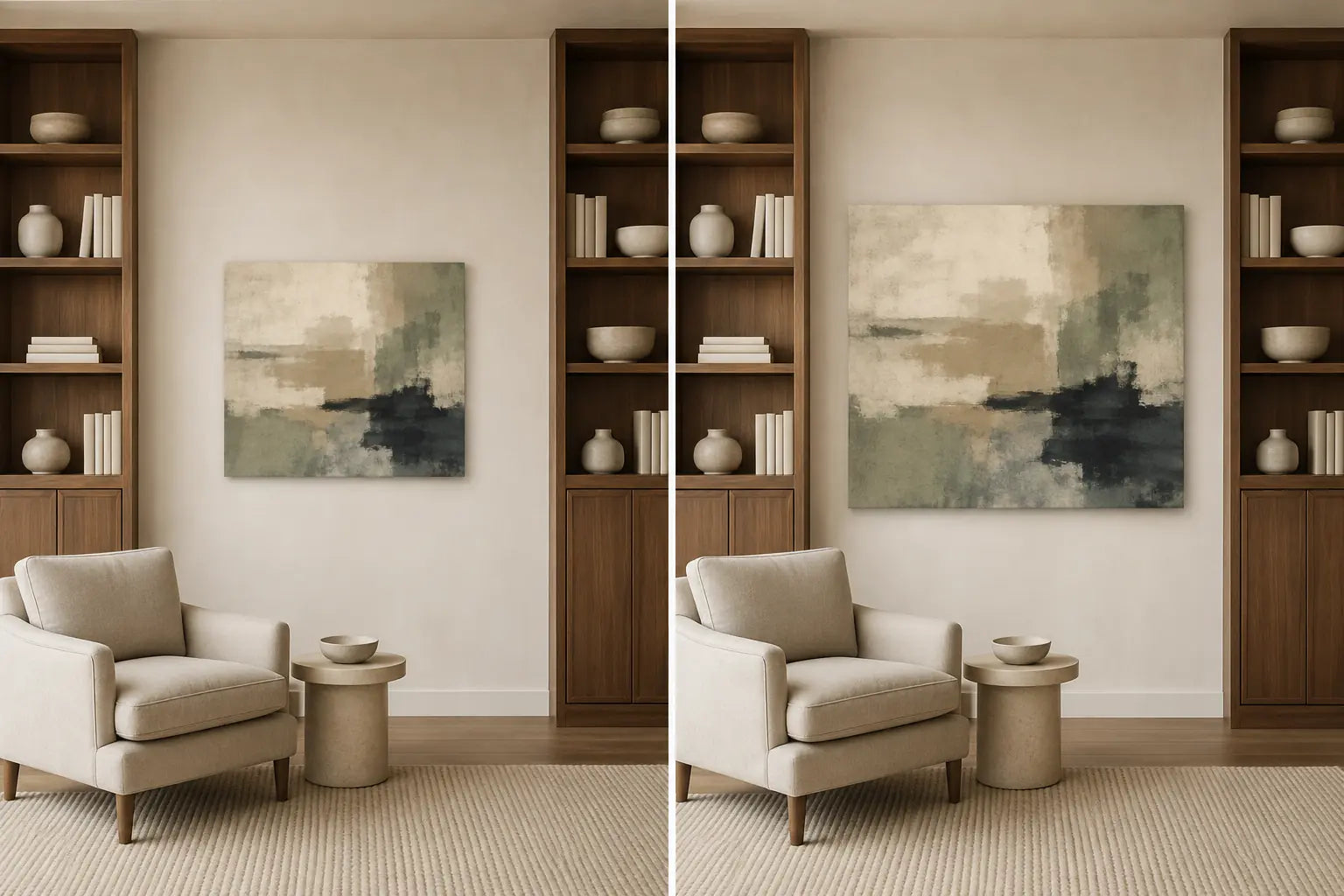 Controlled comparison of the same canvas at smaller and larger footprints within one plaster bay between built-in shelves