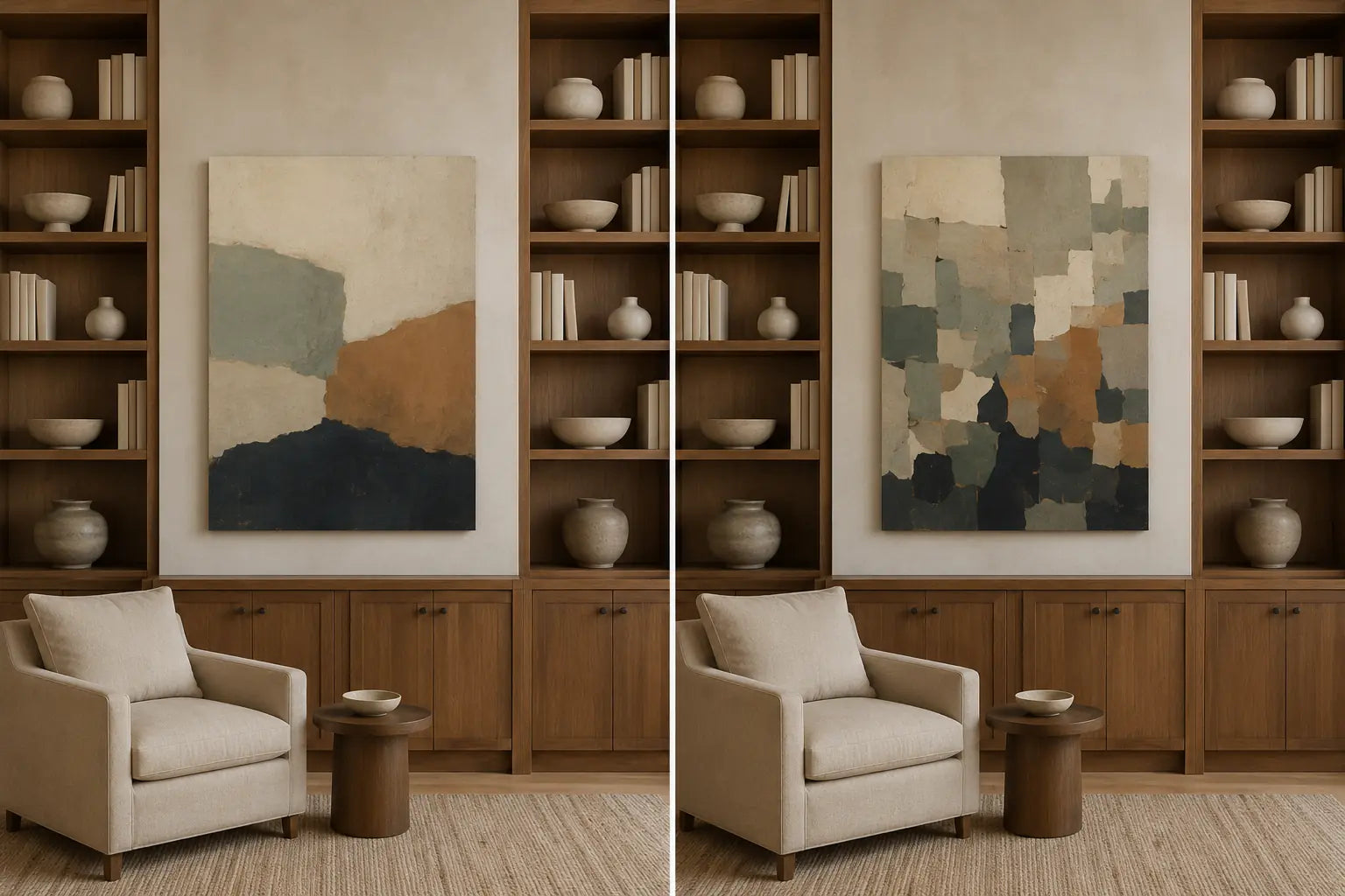 Controlled comparison of the same densely styled built-in shelves with a quiet broad-field canvas and a more active small-shape canvas