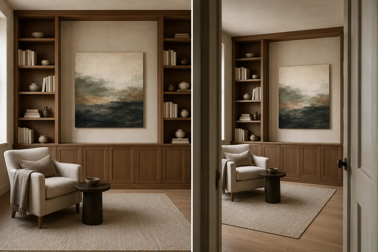 Controlled comparison of the same built-in shelf wall and canvas from a near-front room view and an oblique doorway approach