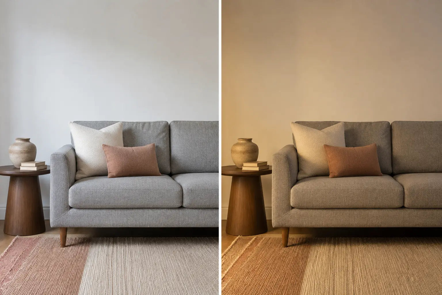 Controlled diptych of the same gray sofa and empty wall in diffuse daylight and warm evening light