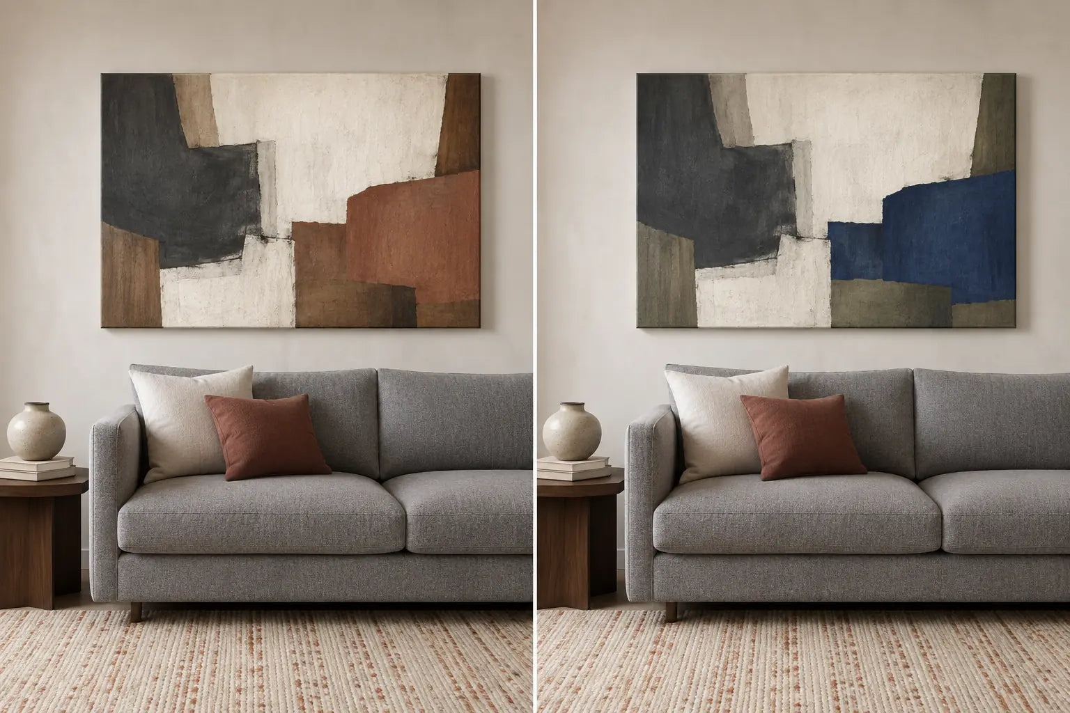 Controlled diptych of the same gray-sofa room and canvas composition with a room-connected palette and an independent blue-green palette