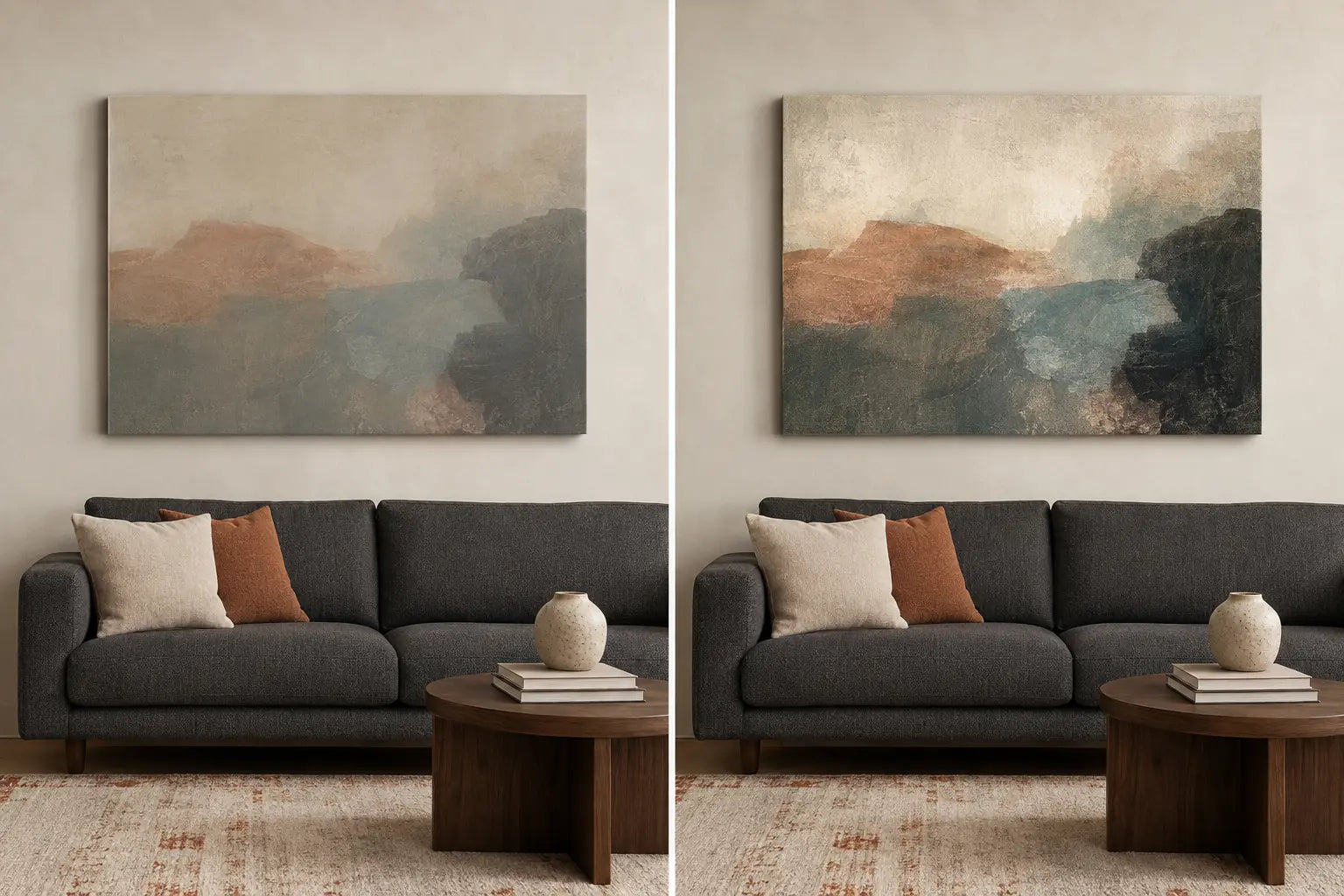 Controlled diptych of the same charcoal-sofa room and canvas with compressed and broader light-dark artwork ranges