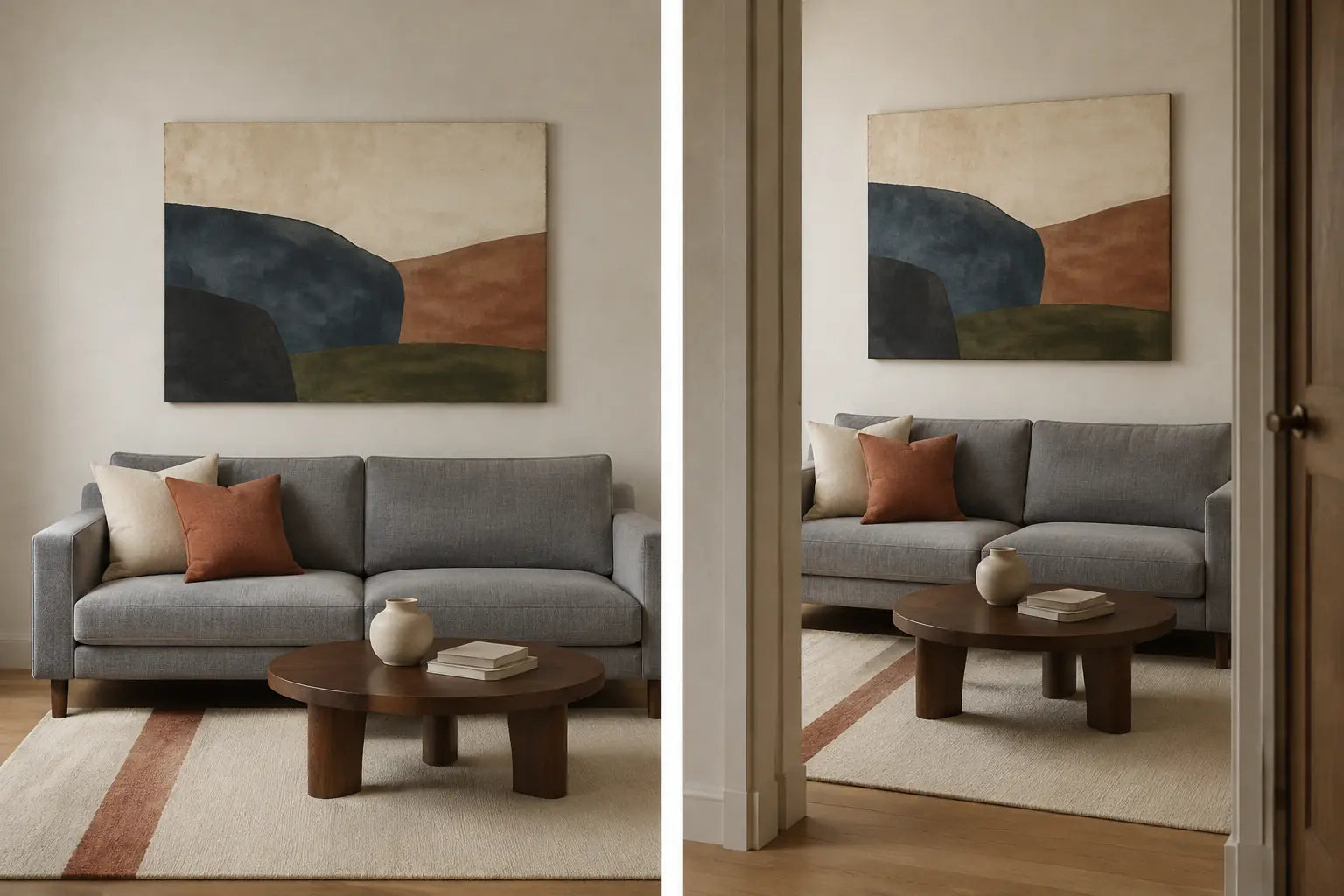 Controlled diptych of the same gray-sofa room and original canvas from a front seated view and an oblique doorway view
