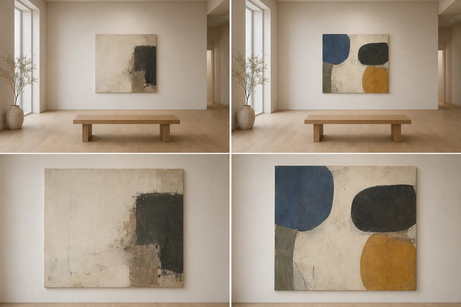 Matched far and close illustrative views compare a trace-led abstract canvas with a shape-and-rhythm-led abstract canvas in the same quiet gallery room