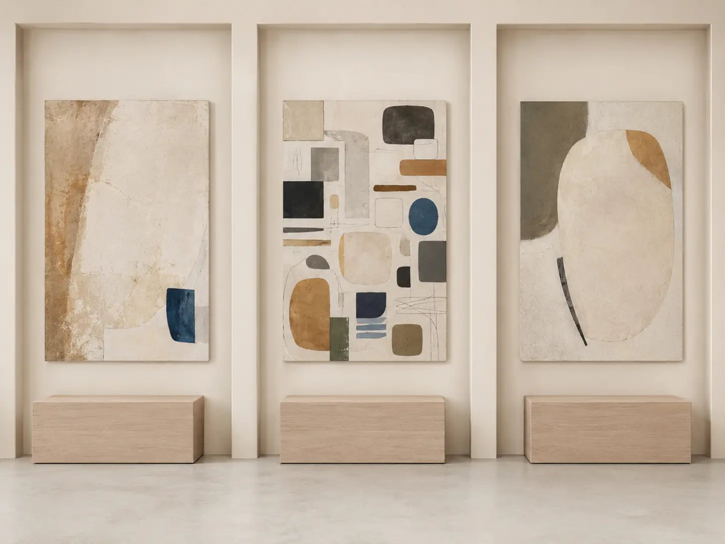 Three matching wall bays show a trace-dominant hybrid, an evenly competing mixed composition, and a clear-shape-dominant hybrid in the same restrained palette
