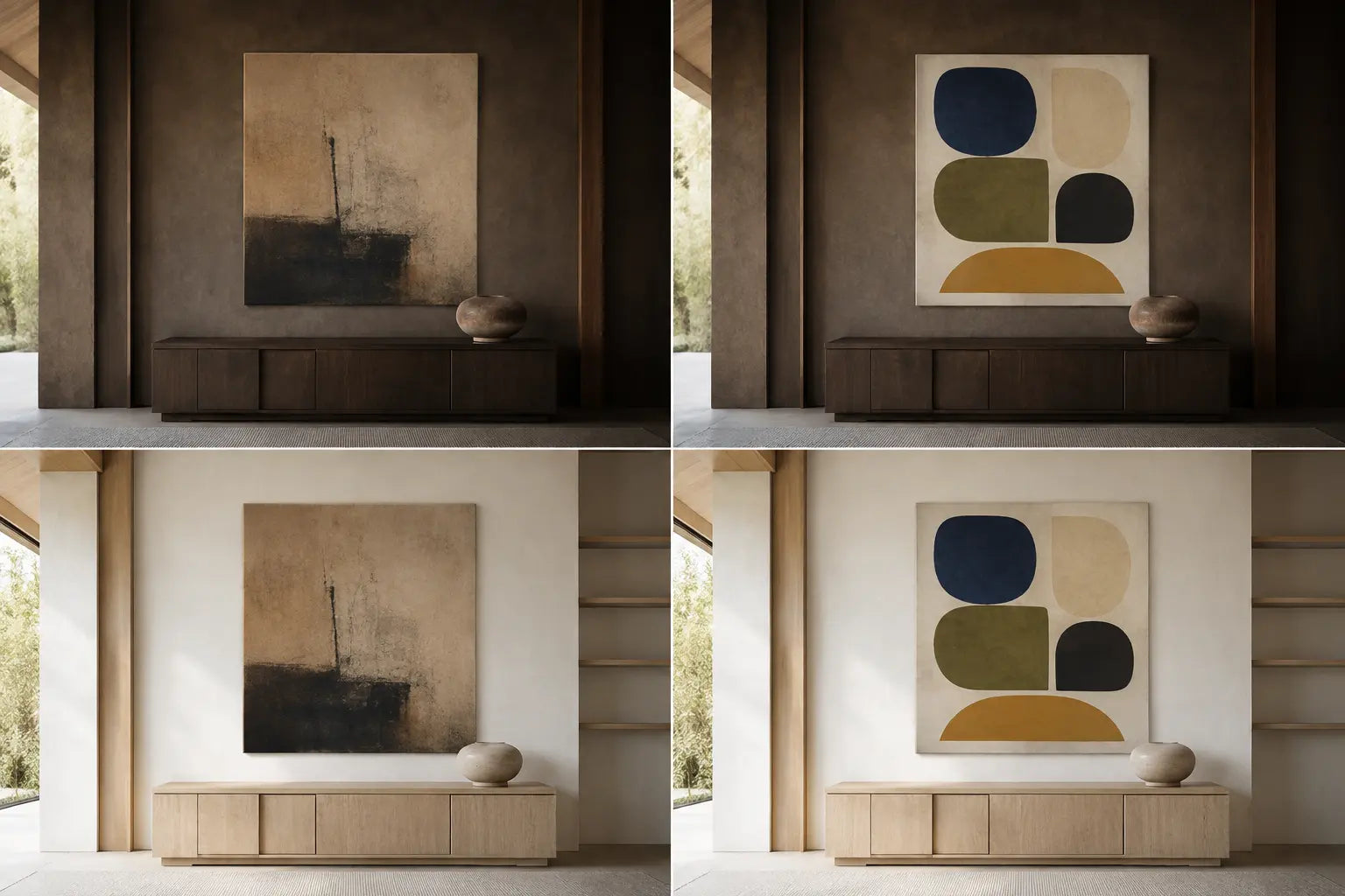 Four illustrative room studies compare one trace-led canvas and one shape-led canvas in matching dark material-rich and pale light-reflective settings