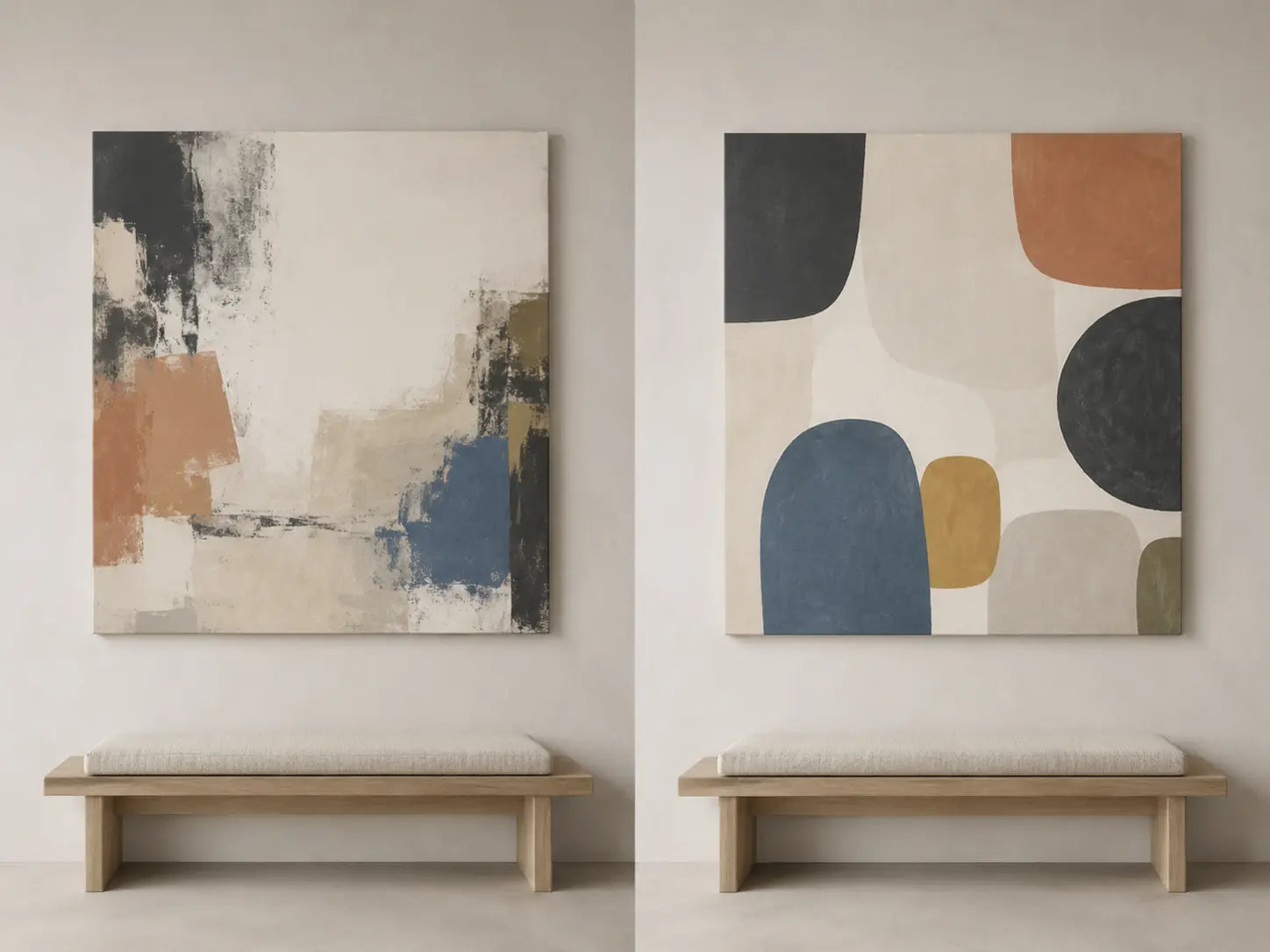 Two matched wall studies use the same canvas size and restrained palette, comparing irregular material trace with clear organic shape and repeated rhythm