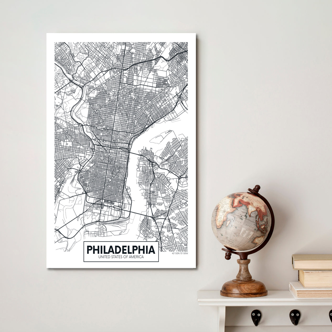 Detailed City Map Philadelphia USA Maps Canvas Artwork Artesty 1 Panel 16"x24" 