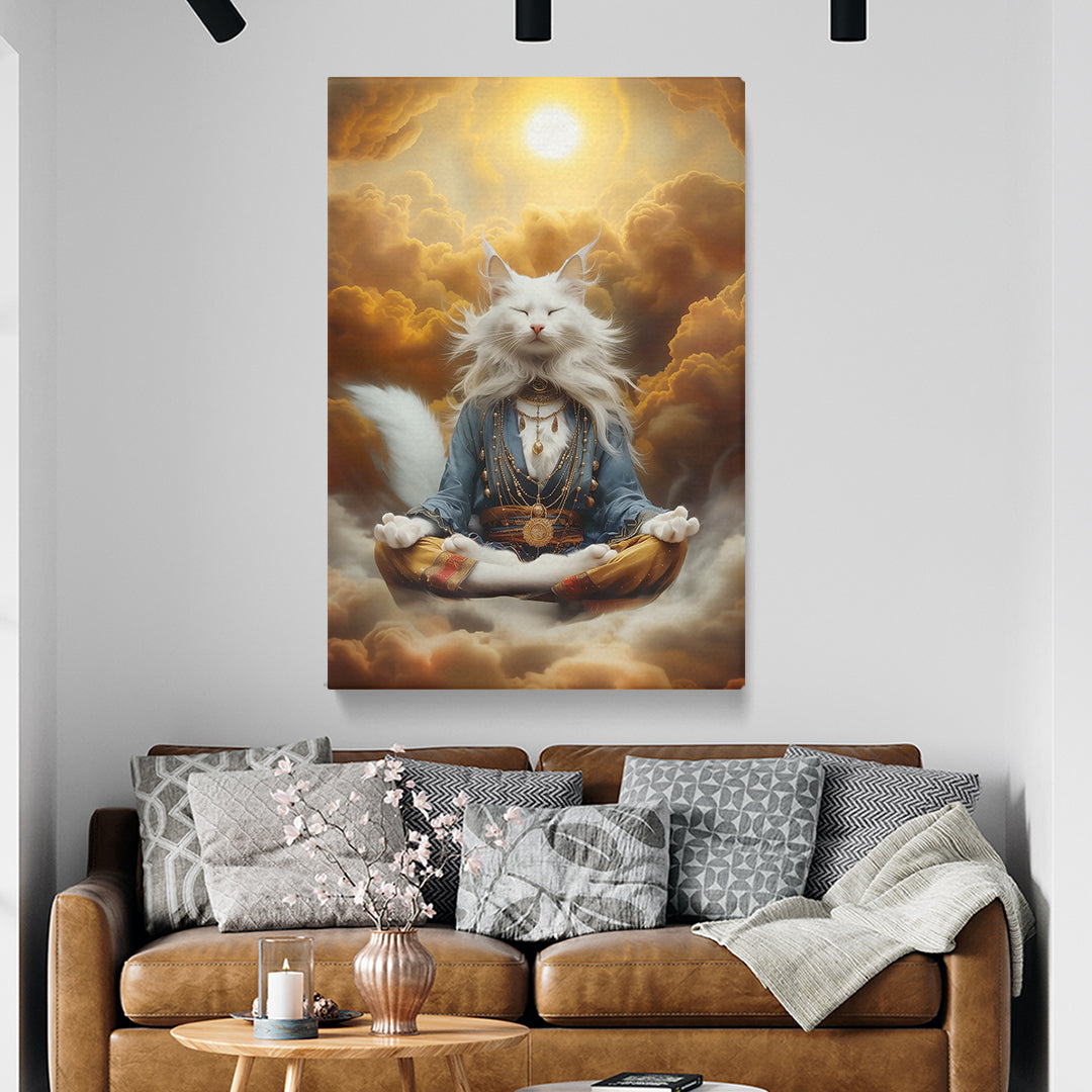 White Majestic Cat Meditating in Clouds Canvas Prints Artesty