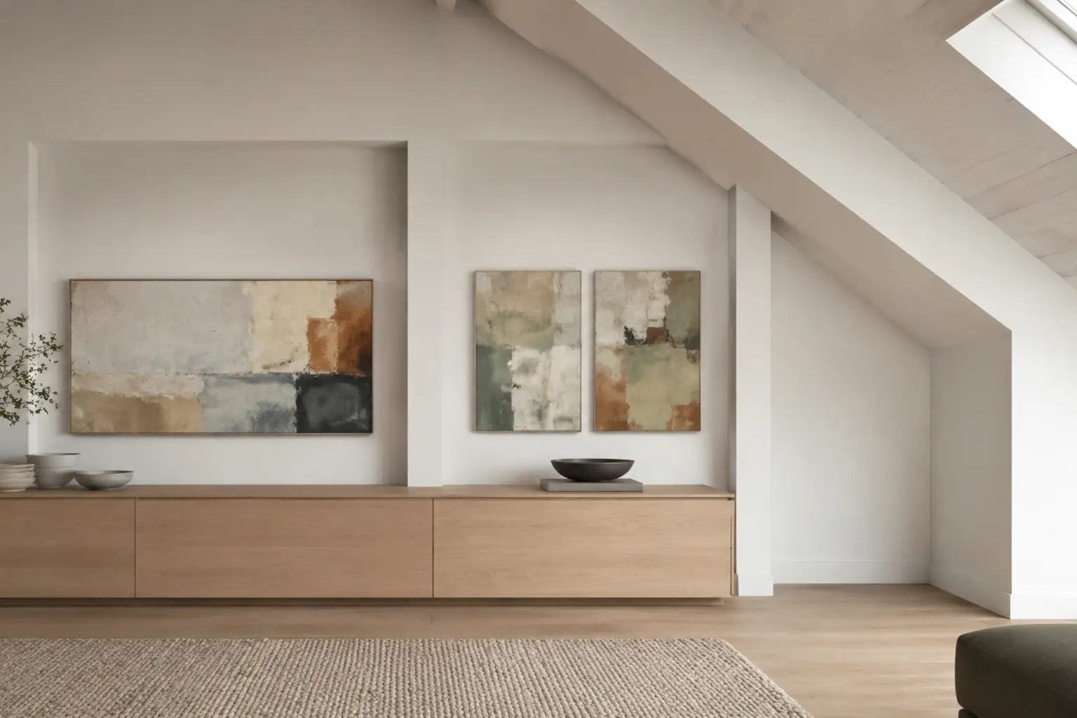 Low sideboard beneath a sloped ceiling with a single canvas, compact pair and intentionally empty narrow eave bay