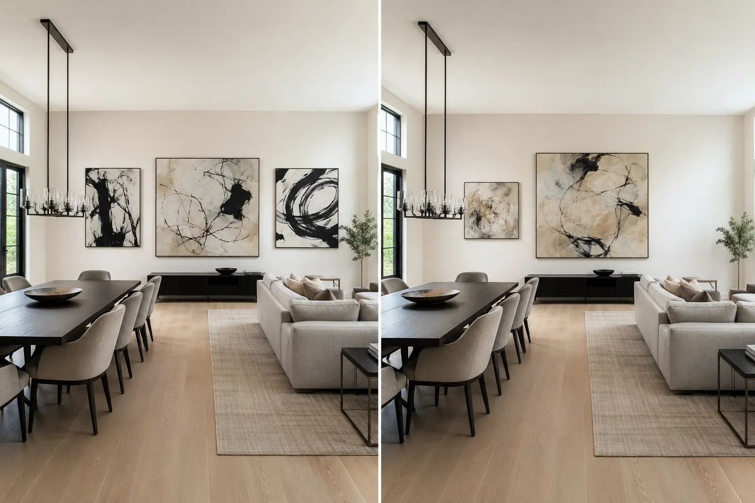 Matched open-plan interiors comparing three equally assertive artworks with a restrained lead and relay hierarchy