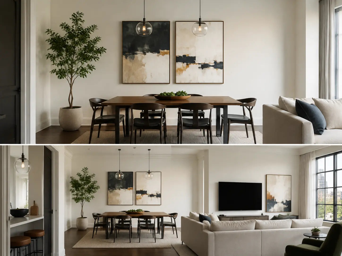 Close and wide views of an open-plan dining artwork revealing competition from a television, window, and adjacent canvas