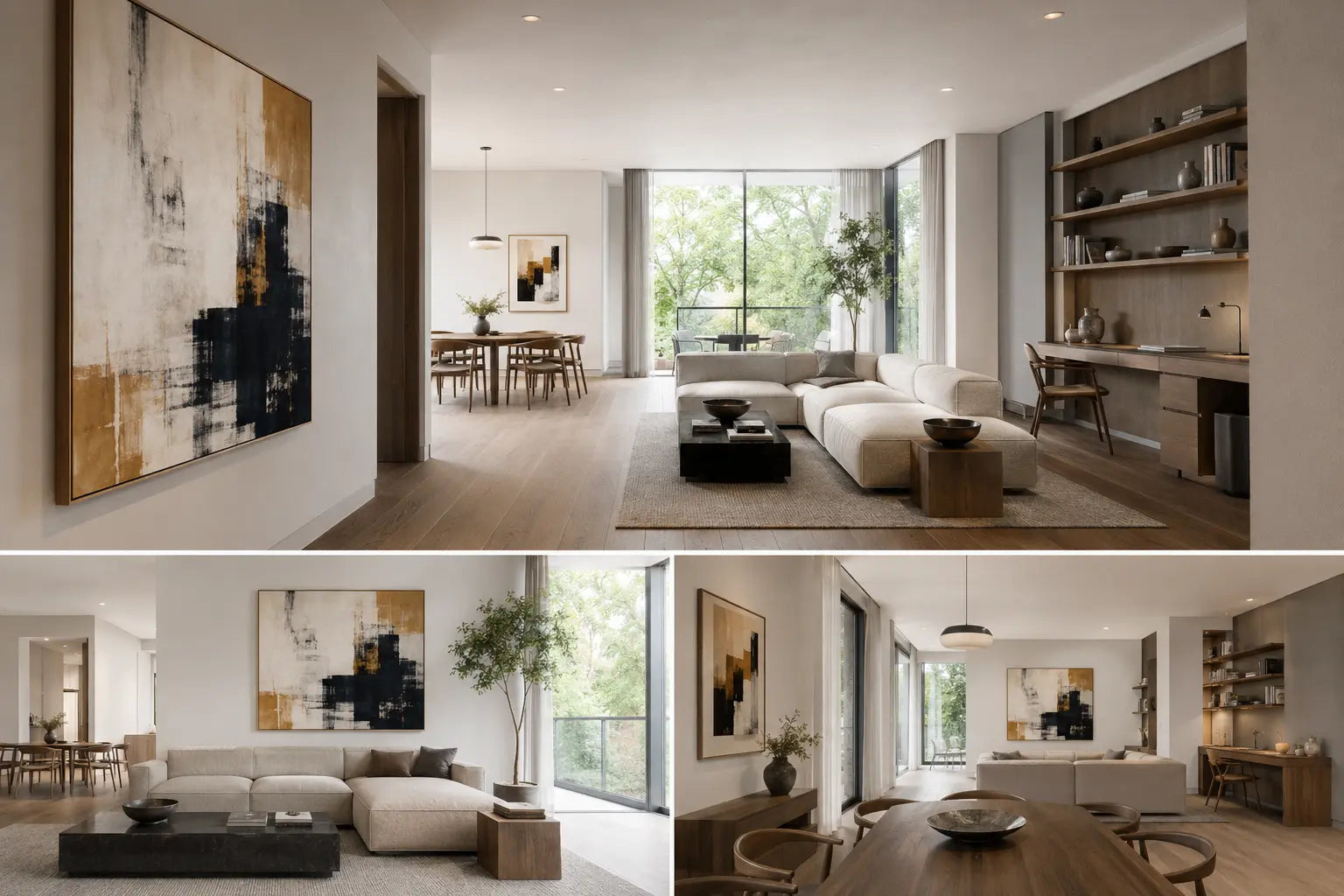 The same open-plan home photographed from entry, living seating, and dining routes to test artwork hierarchy
