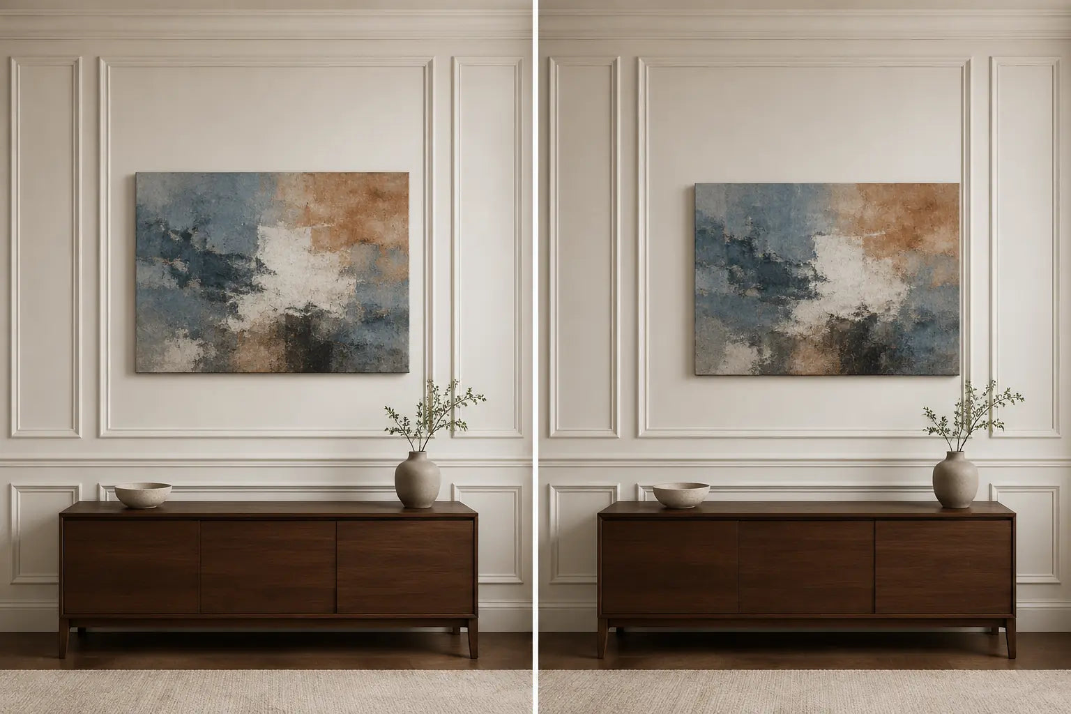 Controlled diptych with the same canvas aligned first to the central molding bay and then to the offset console axis