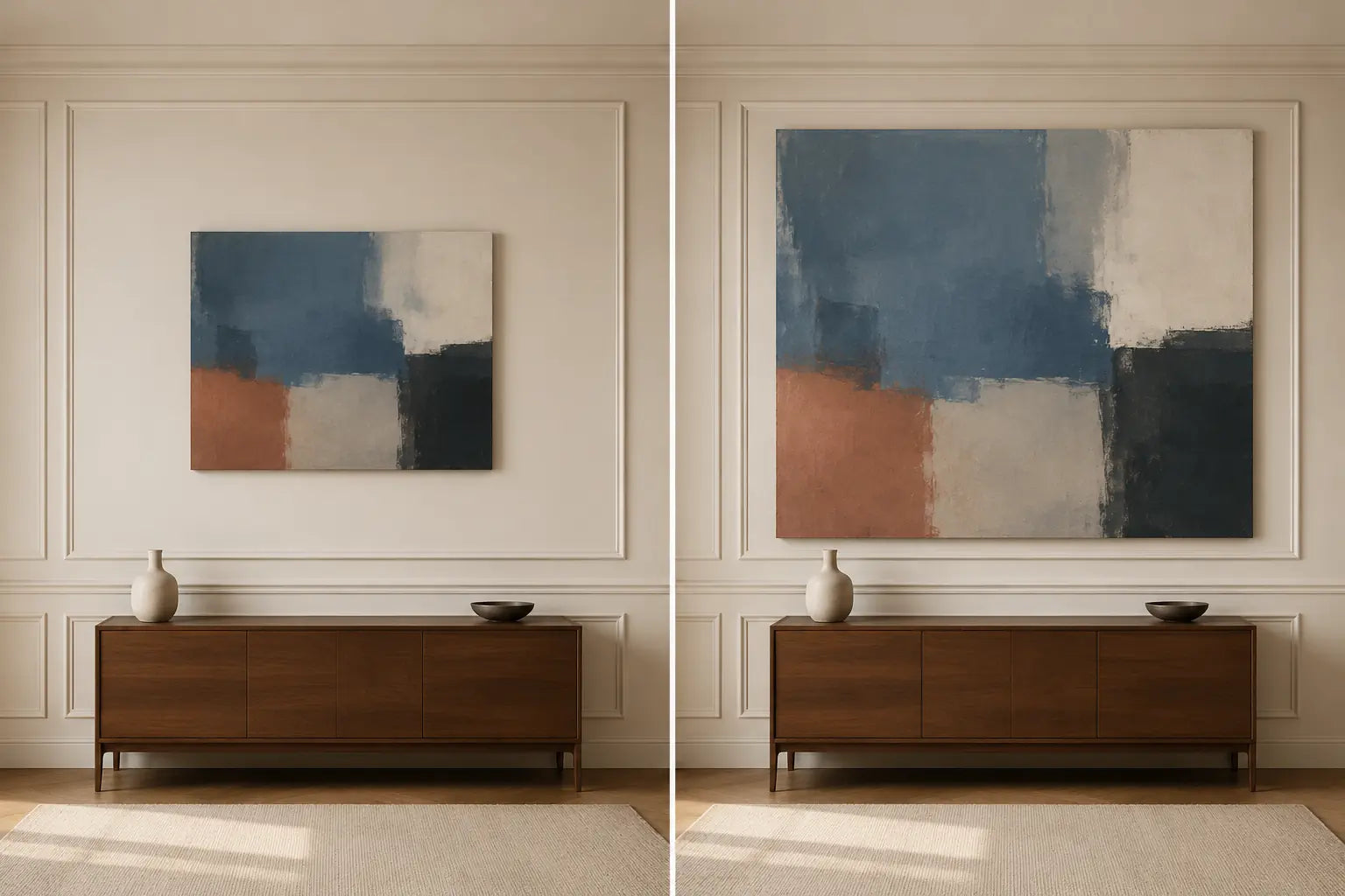Controlled diptych with the same canvas centered in one molding bay at two outer sizes, one clearly separated and one nearly tangent to the trim
