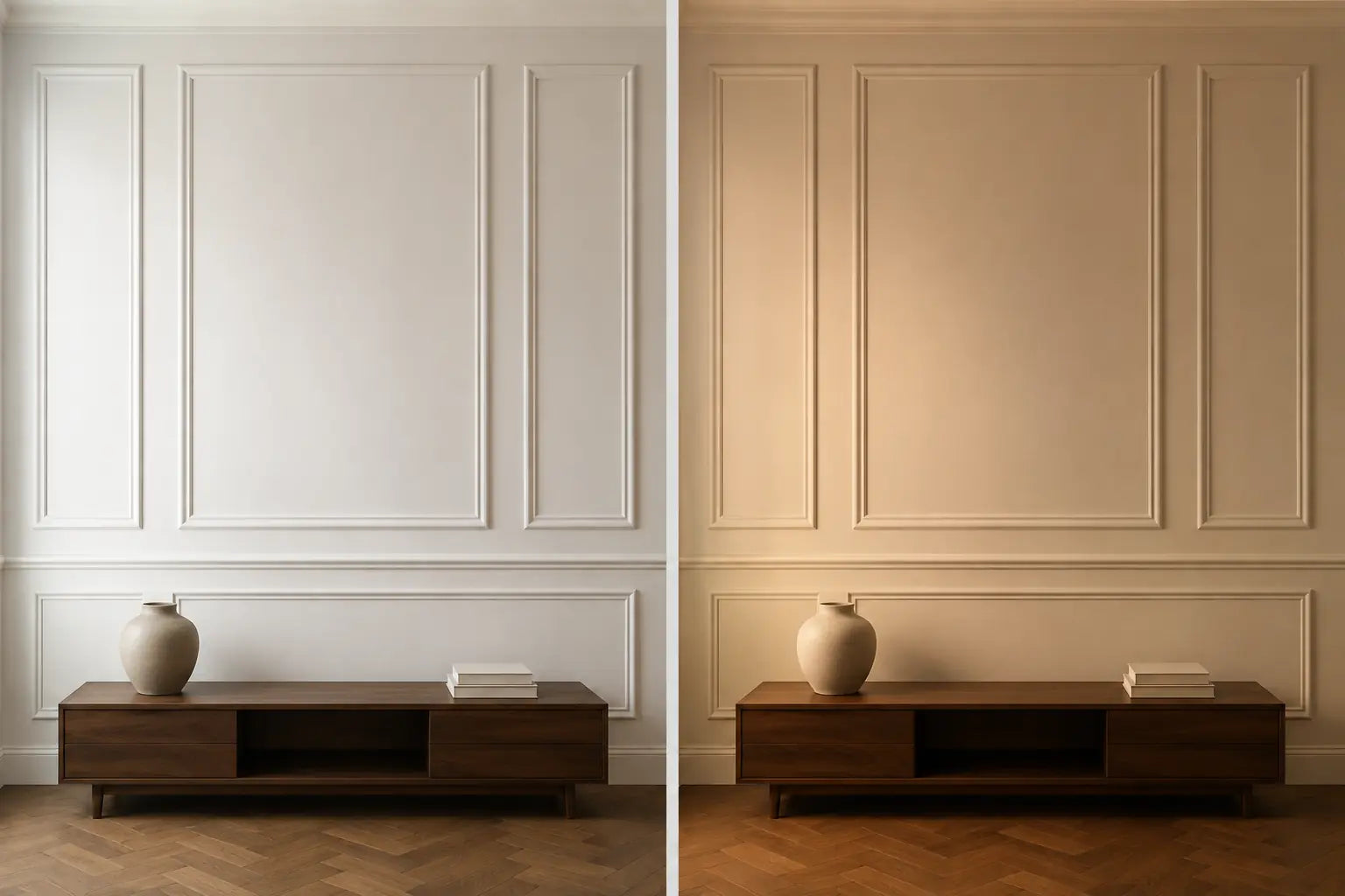 Controlled diptych of the same empty paneled wall in diffuse daylight and warm evening light, with molding and rail shadows changing