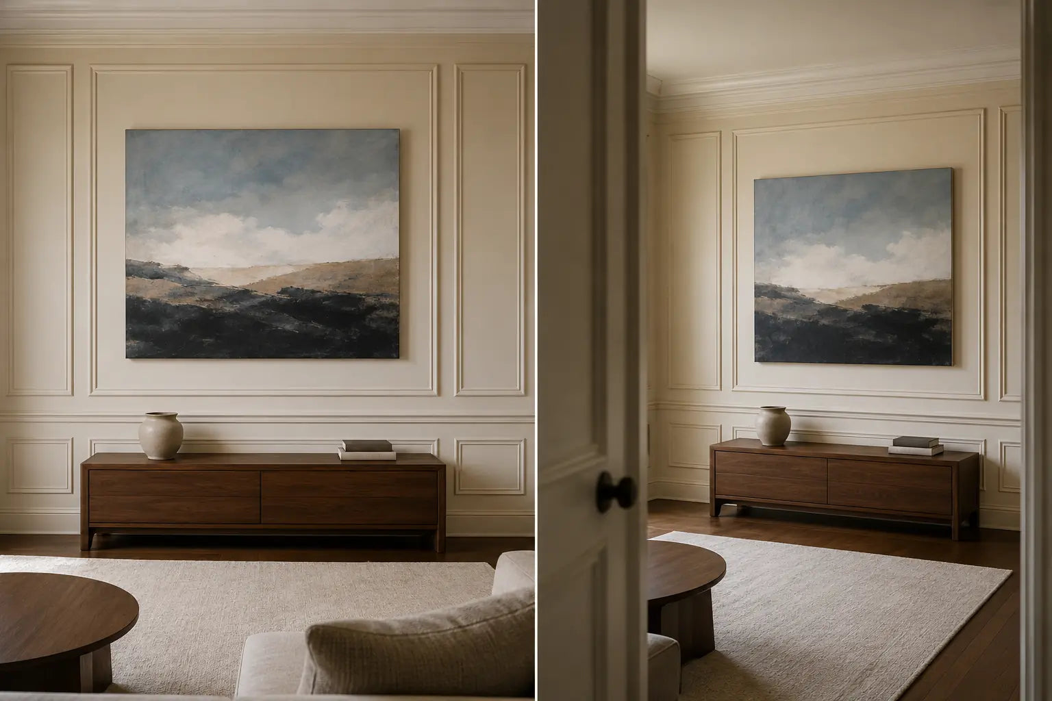 Controlled diptych of the same final paneled-wall arrangement from a seated front view and an oblique doorway view