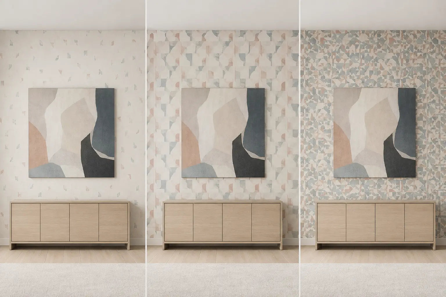 Matched wall bays showing low, medium, and high wallpaper pattern pressure behind the same abstract canvas